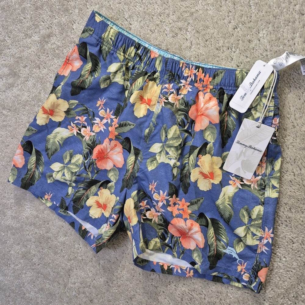 Tommy Bahama Naples Bay Swim Trunk Mens Medium Blue Floral Retro Tropical Hawaii